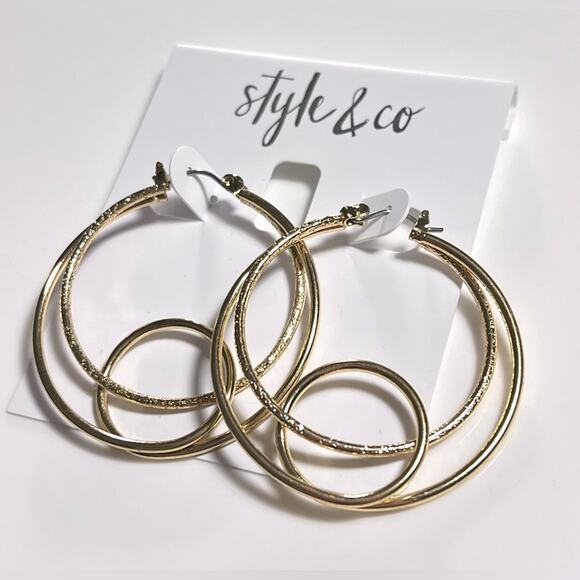 NEW Style Co HOOP EARRINGS 1.75” Gold 3 Circle Double Twisted Dangle Drop NWT - Picture 1 of 5